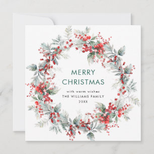 Festive Holly Berry Christmas Mistletoe Wreath Holiday Card