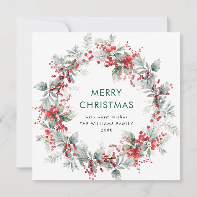 Festive  Holly Berry Christmas Mistletoe Wreath Holiday Card (Front)