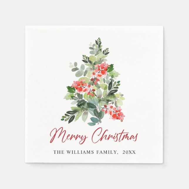 Festive Holly Berry Christmas Tree Holiday Party Napkin (Front)