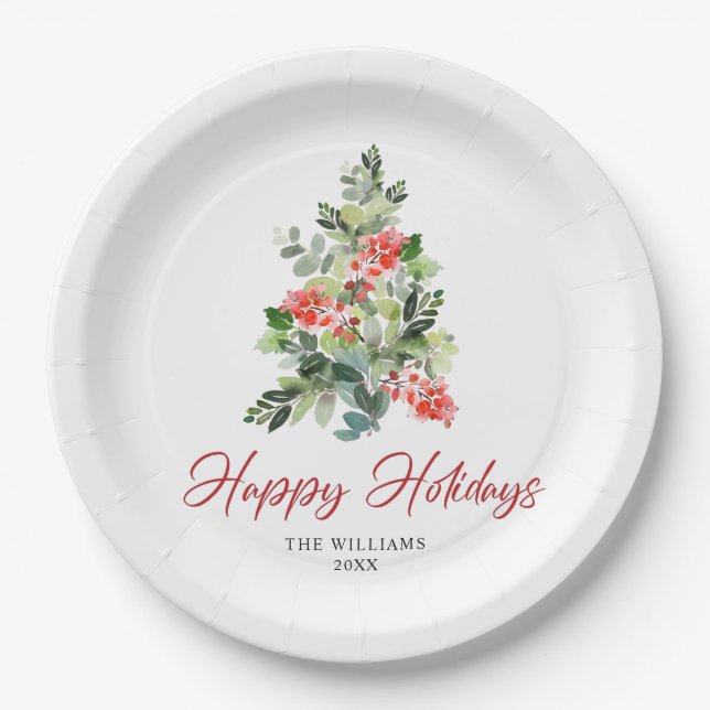 Festive Holly Berry Christmas Tree Holiday Party Paper Plate (Front)