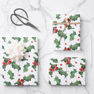 Festive Holly Berry Christmas  Wrapping Paper Sheet