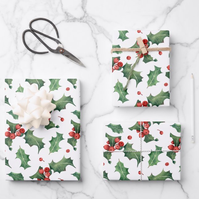 Festive Holly Berry Christmas  Wrapping Paper Sheet (Front)