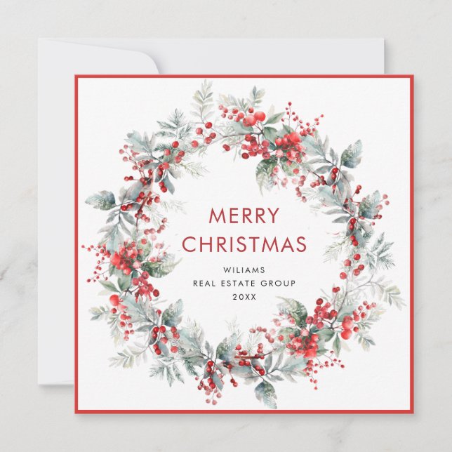 Festive Holly Berry Christmas Wreath Corporate  Holiday Card (Front)