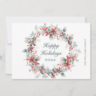 Festive  Holly Berry Christmas Wreath Holiday Card
