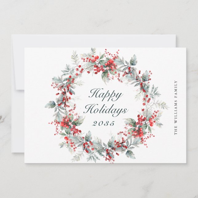 Festive  Holly Berry Christmas Wreath Holiday Card (Front)