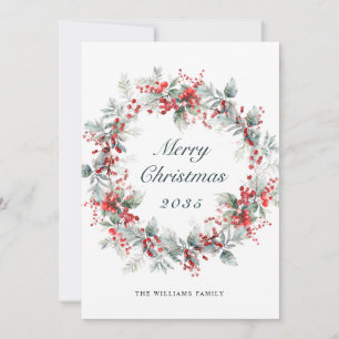 Festive  Holly Berry Christmas Wreath Holiday Card