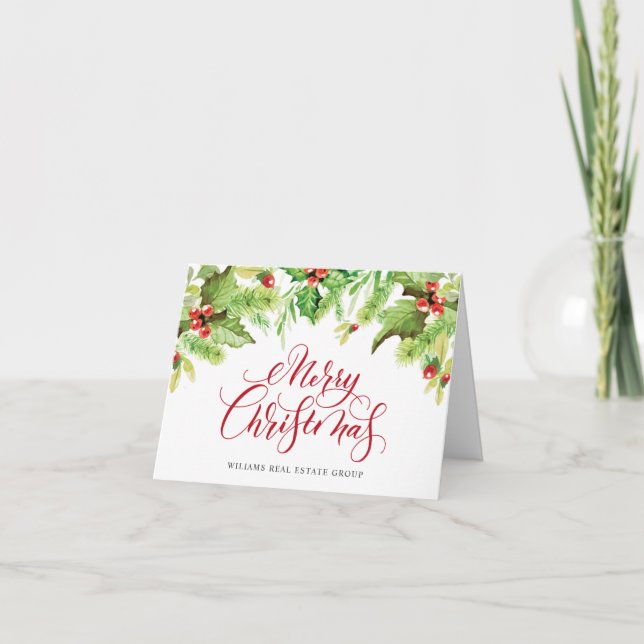 Festive Holly Berry Corporate Christmas Greeting H Holiday Card (Front)