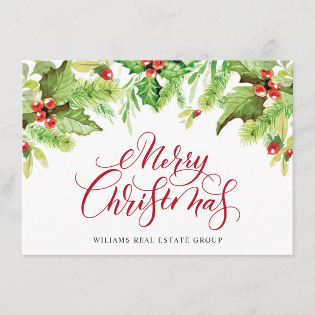 Festive Holly Berry Corporate Christmas Greeting H Holiday Card (Front)
