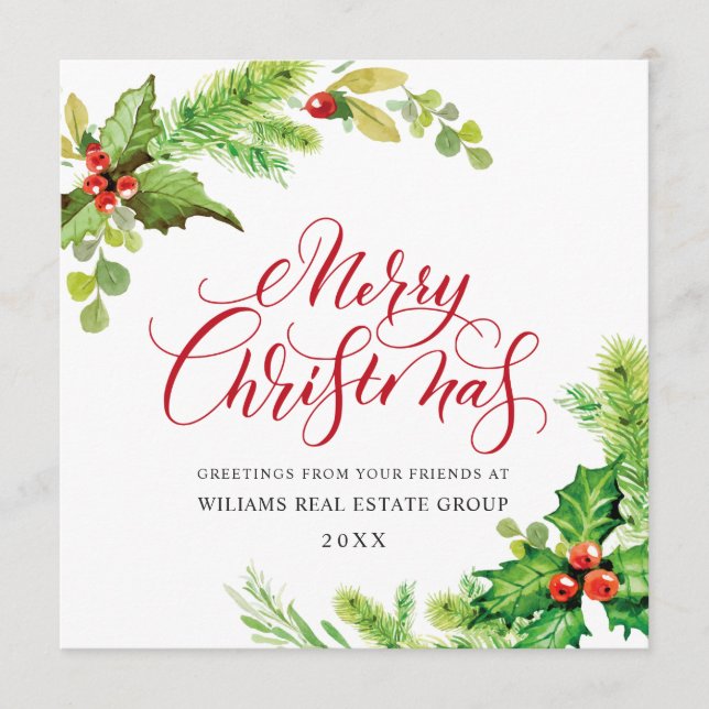 Festive Holly Berry Corporate Christmas Greeting Holiday Card (Front)