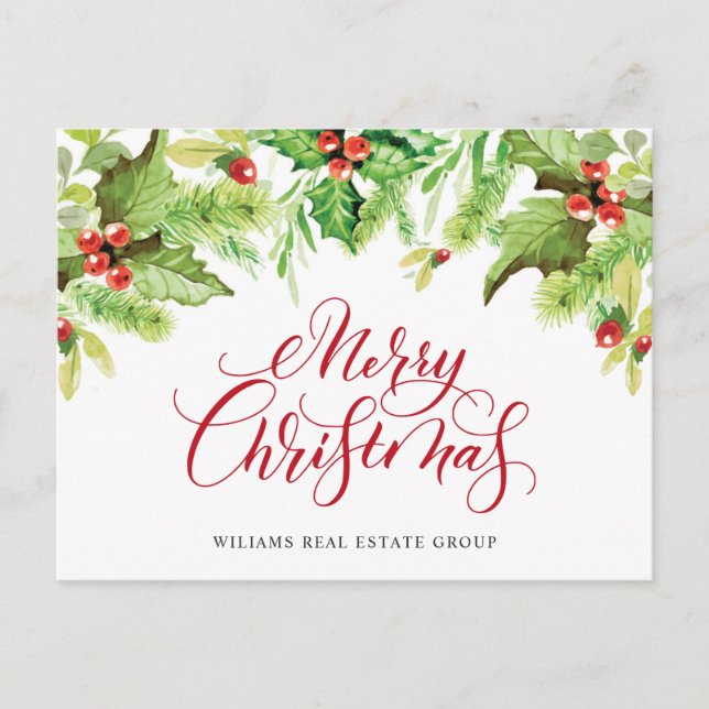 Festive Holly Berry Corporate Christmas Holiday Po Postcard (Front)