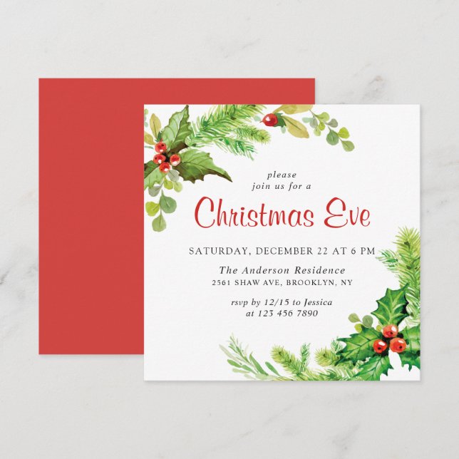 Festive Holly Berry Holiday Christmas Eve Party Invitation (Front/Back)