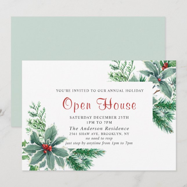 Festive Holly Berry Holiday Christmas Open House Invitation (Front/Back)