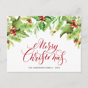 Festive Holly Berry Merry Christmas Holiday Postcard