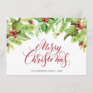 Festive Holly Berry Mistletoe Christmas Greeting Holiday Card
