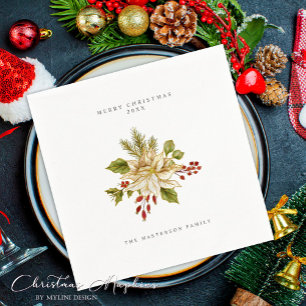Festive Holly Berry Ornament Merry Christmas Napkin