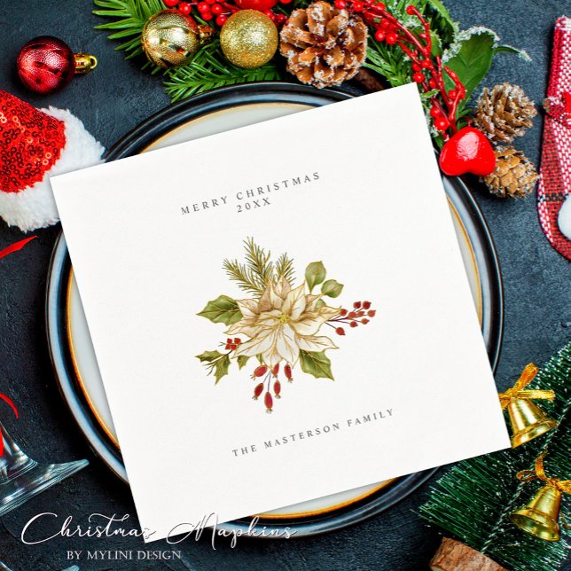 Festive Holly Berry Ornament Merry Christmas Napkin (Creator Uploaded)