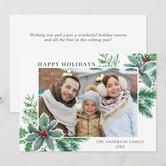 Festive Holly Berry PHOTO Christmas Greeting Holiday Card (Front/Back)