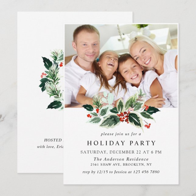 Festive Holly Berry PHOTO Holiday Christmas Party Invitation (Front/Back)