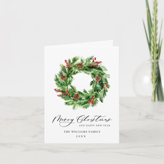 Festive Holly Berry Pine Cones Wreath Christmas Holiday Card (Front)