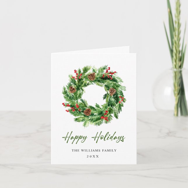 Festive Holly Berry Pine Cones Wreath Christmas Holiday Card (Front)