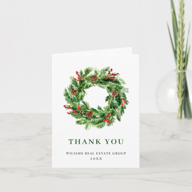 Festive Holly Berry Pine Cones Wreath Christmas Thank You Card (Front)