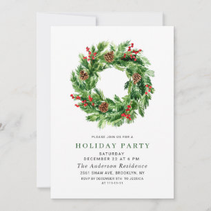 Festive Holly Berry Pine Wreath Christmas Party Invitation