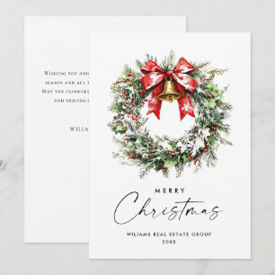 Festive Holly Berry Pine Wreath Corporate Holiday Card