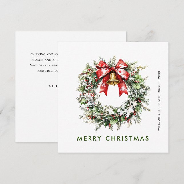 Festive Holly Berry Pine Wreath Corporate Holiday Card (Front/Back)