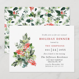 Festive Holly Berry Tree CHRISTMAS HOLIDAY DINNER Invitation