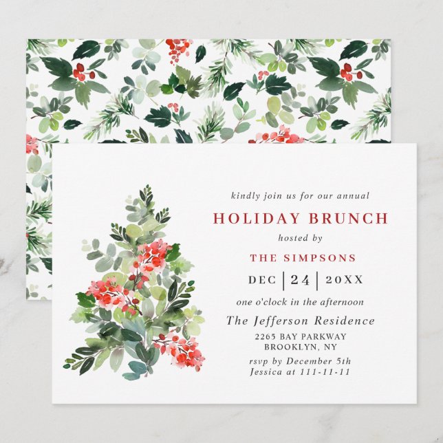 Festive Holly Berry Tree HOLIDAY BRUNCH CHRISTMAS Invitation (Front/Back)