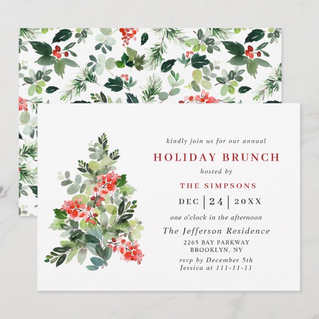 Festive Holly Berry Tree HOLIDAY BRUNCH CHRISTMAS Invitation (Front/Back)