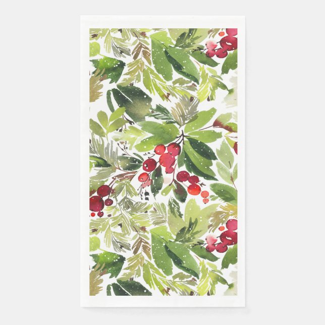 Festive Holly Berry Watercolor  Napkin (Front)