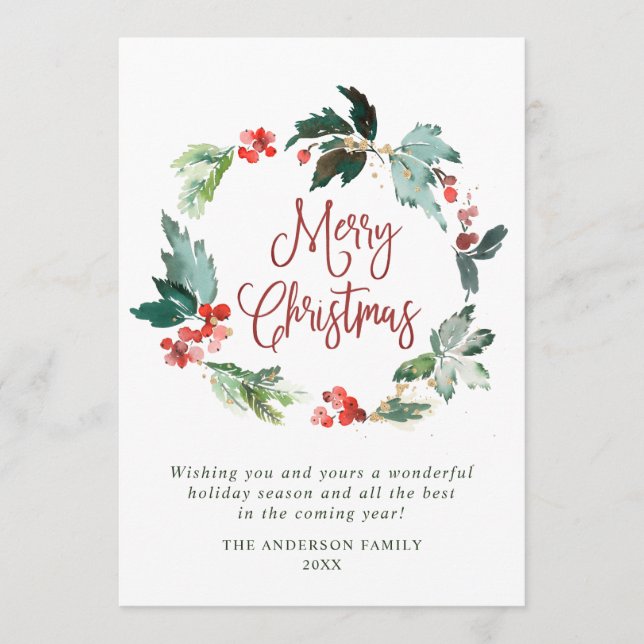 Festive Holly Berry Wreath Christmas Greeting Holi Holiday Card (Front)