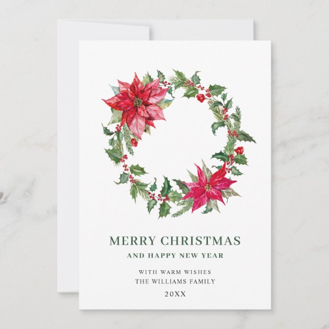 Festive Holly Berry Wreath Christmas Greeting Holiday Card (Front)