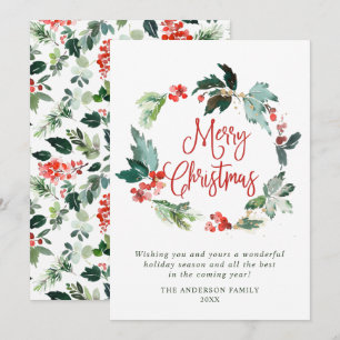 Festive Holly Berry Wreath Christmas Greeting Holiday Card