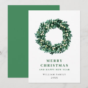 Festive Holly Berry Wreath Christmas Greeting Holiday Card