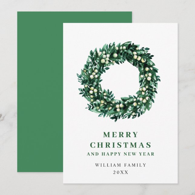 Festive Holly Berry Wreath Christmas Greeting Holiday Card (Front/Back)