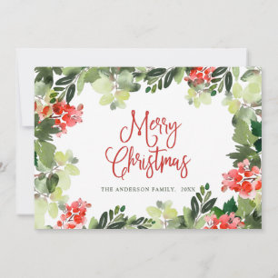 Festive Holly Berry Wreath Christmas Greeting Holiday Card