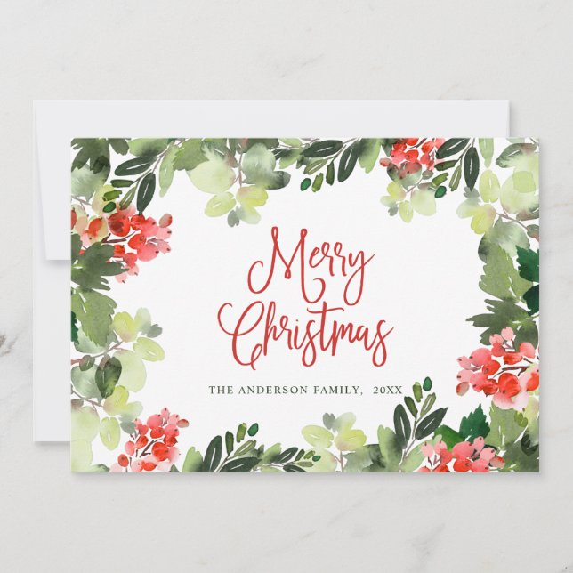 Festive Holly Berry Wreath Christmas Greeting Holiday Card (Front)
