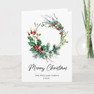 Festive Holly Berry Wreath Christmas Greeting Holiday Card