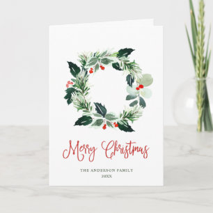 Festive Holly Berry Wreath Christmas Greeting Holiday Card