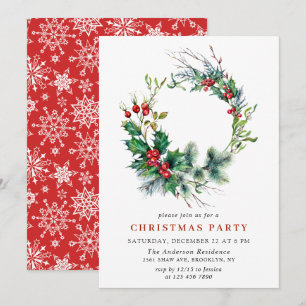 Festive Holly Berry Wreath Holiday Christmas Party Invitation
