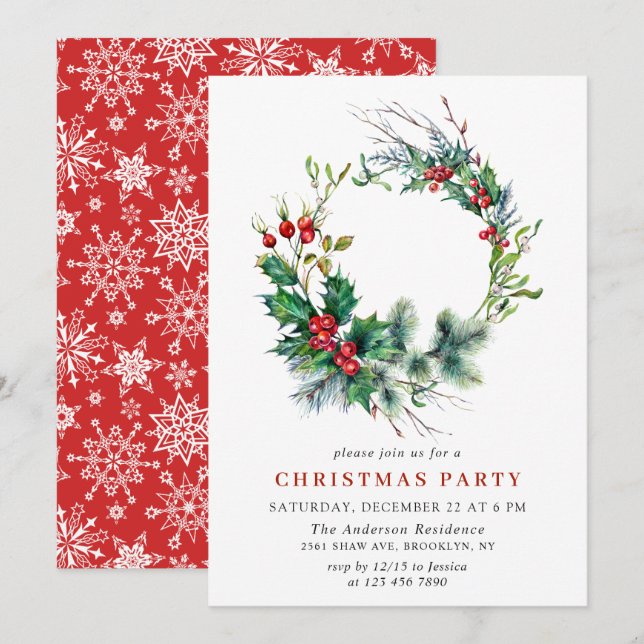 Festive Holly Berry Wreath Holiday Christmas Party Invitation (Front/Back)