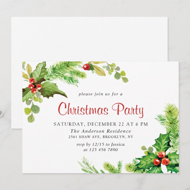 Festive Holly Berry Wreath Holiday Christmas Party Invitation (Front/Back)