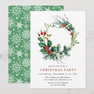 Festive Holly Berry Wreath Holiday Christmas Party Invitation