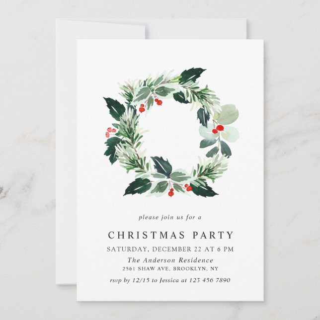 Festive Holly Berry Wreath Holiday Christmas Party Invitation (Front)