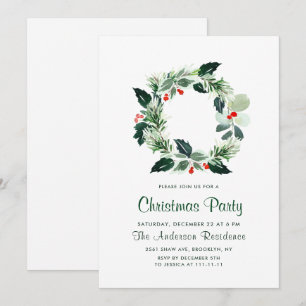 Festive Holly Berry Wreath Holiday Christmas Party Invitation