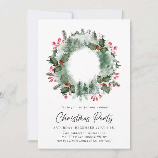 Festive Holly Berry Wreath Holiday Christmas Party Invitation (Front)