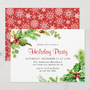 Festive Holly Berry Wreath Holiday Christmas Party Invitation