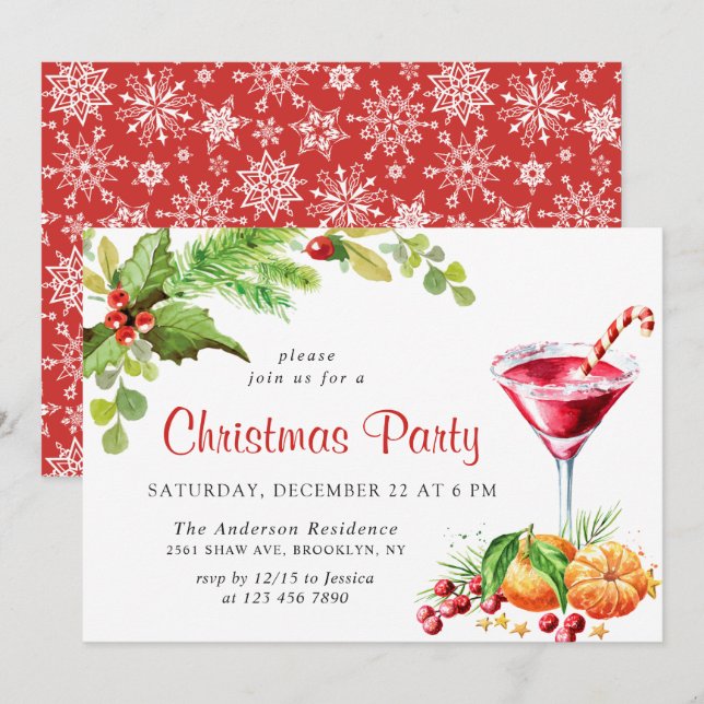 Festive Holly Berry Wreath Holiday Christmas Party Invitation (Front/Back)